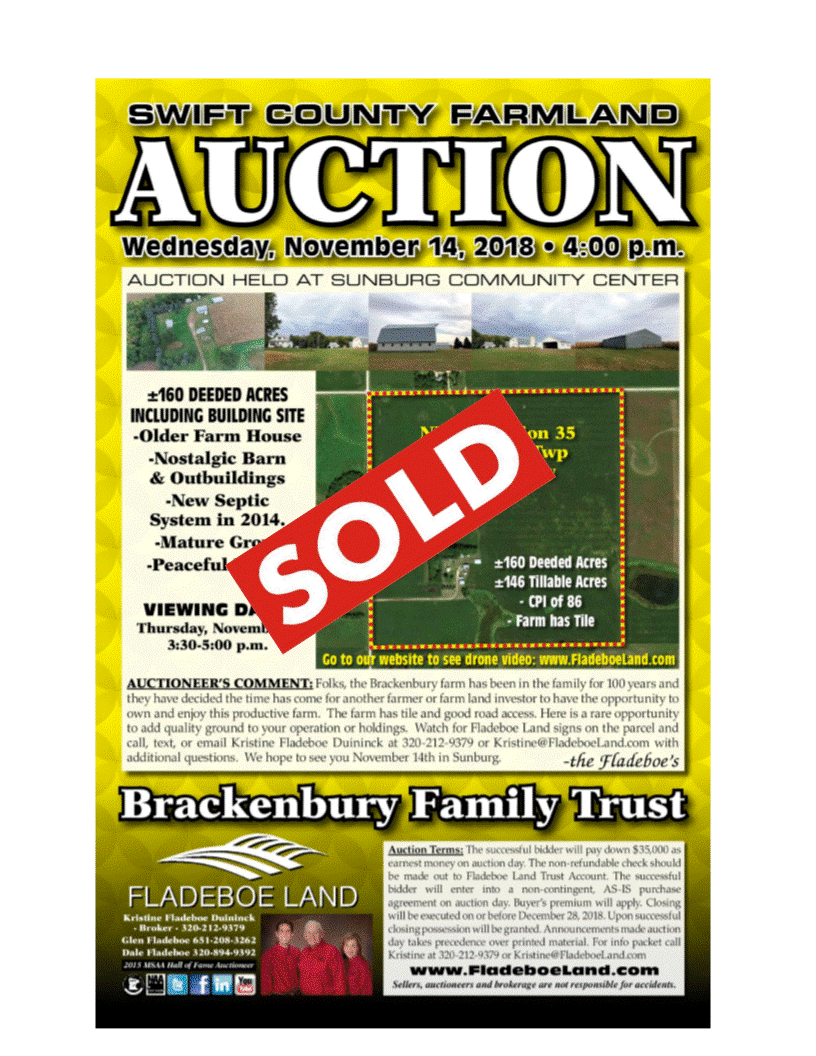 SOLD - SWIFT COUNTY +/-146 TILLABLE ACRES & BUILDING SITE - SOLD