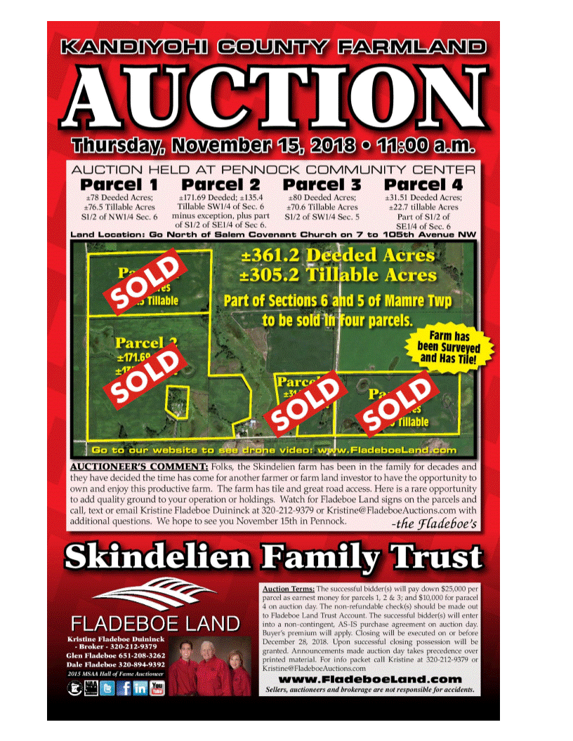 SOLD - KANDIYOHI COUNTY +/- 305 TILLABLE ACRES - SOLD