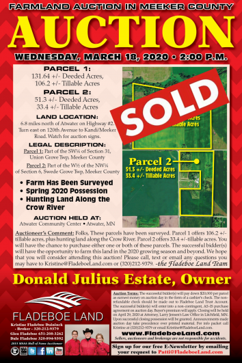 Farmland Auction - 2 Parcels Meeker Co.  - March 18, 2020