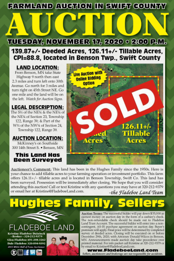 SOLD - Farmland Auction - Swift County - Tuesday, November 17th, 2020 at 2 PM