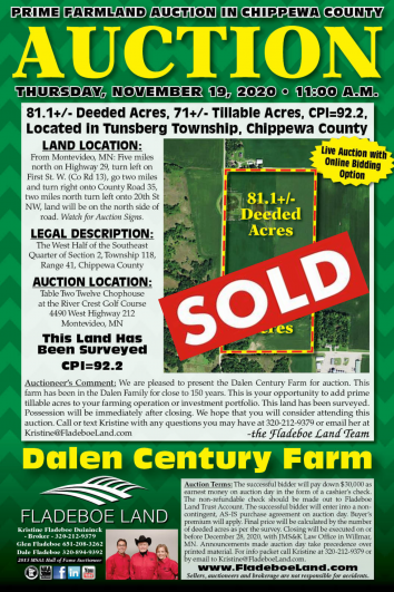 Farmland Auction - Chippewa Co. - Thursday, November 19th, 2020 at 11 AM