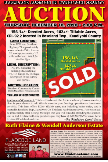 SOLD - Farmland Auction - Kandiyohi Co. - Thursday, December 10th, 2020 at 2 PM