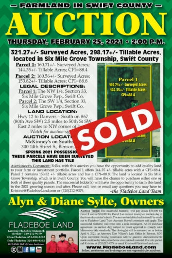 SOLD - Farmland Auction - Swift Co. - Thursday, February 25th, 2021 at 2 PM
