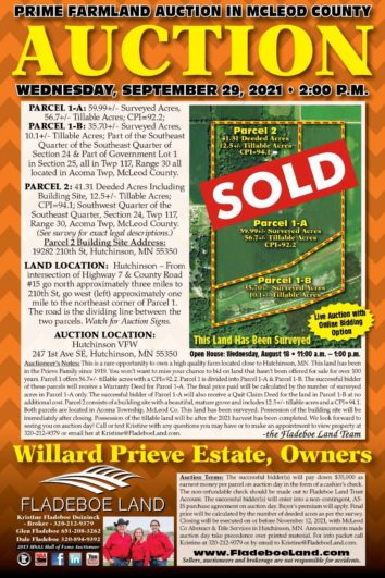 SOLD - Farmland Auction - 2 Prime Parcels in McLeod Co. - Auction Wednesday, September 29th, 2021 at 2 PM