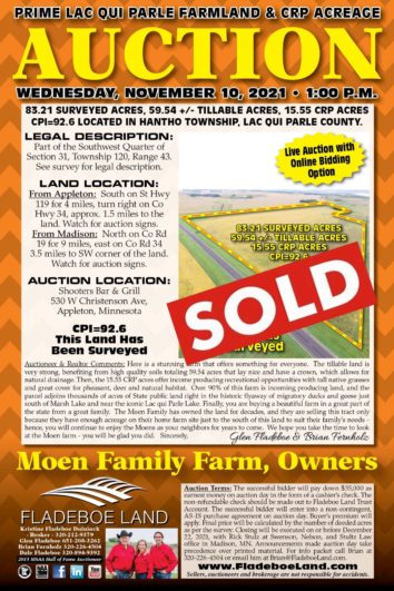 SOLD - Farmland Auction in Lac qui Parle Co. - 83.21 Surveyed Acres - Auction Wednesday, November 10th, 2021 at 1 PM