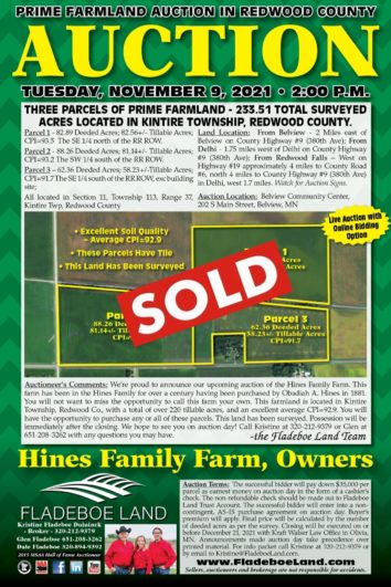 SOLD - Farmland Auction in Redwood County – 3 Parcels of Prime Farmland – 233.51 Total Surveyed Acres in Kintire Twp.