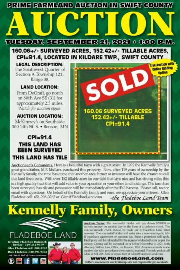 SOLD - Prime Farmland Auction in Swift Co. -  160.06+/- Surveyed Acres, 152.42+/- Tillable Acres - Auction Tuesday, September 21st, 2021 at 1 PM