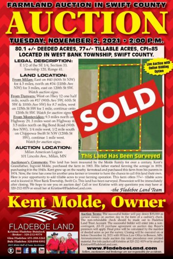 SOLD - Farmland Auction in Swift Co. - 80.1 Surveyed Acres, 77+/- Tillable Acres - Auction - Tuesday, November 2, 2021 at 2 PM