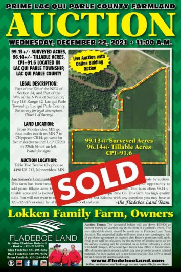 SOLD - Prime Lac qui Parle County Farmland - 99.13+/- Surveyed Acres; 96.14+/- Tillable Acres - Auction Wed., December 22nd, 2021 at 11 AM