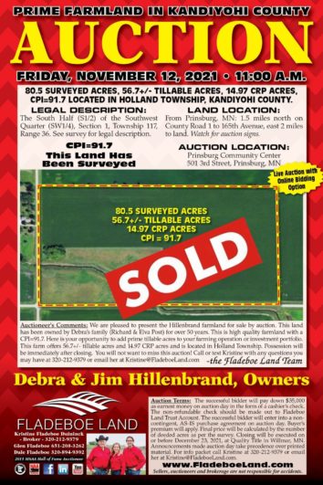 SOLD - Farmland Auction in Kandiyohi Co. - 80.5 Surveyed Acres, 56.7+/- Tillable Acres, 14.97 CRP Acres - Auction Fri., Nov. 12th, 2021 at 11 AM