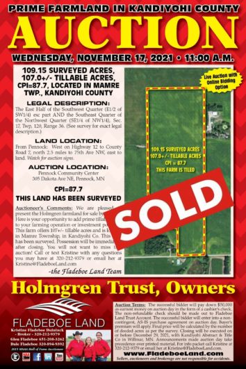 SOLD - Farmland Auction in Kandiyohi County - 109.15 Surveyed Acres, 107.0+/- Tillable Acres - Auction Wed., November 17, 2021 at 11 AM