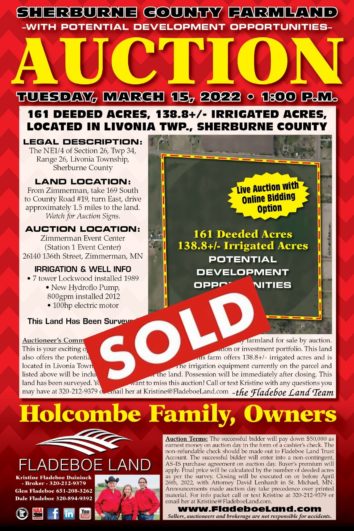 SOLD - Farmland Auction in Sherburne County - 161 Deeded Acres; 138.8+/- Irrigated Acres - Auction Tues., March 15th, 2022 at 1 PM