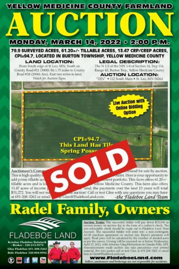 SOLD - Farmland Auction in Yellow Medicine County - 79.9 Surveyed Acres - Auction Monday, March 14th, 2022 at 2 PM