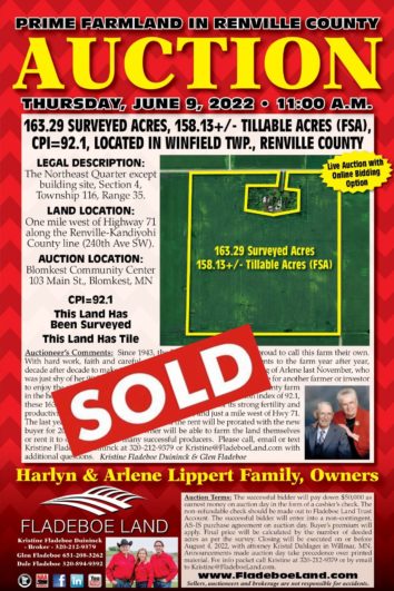 SOLD - Farmland Auction in Renville County - 163.29 Surveyed Acres; 158.13+/- Tillable Acres (FSA) - Auction Thursday, June 9th, 2022 at 11 AM