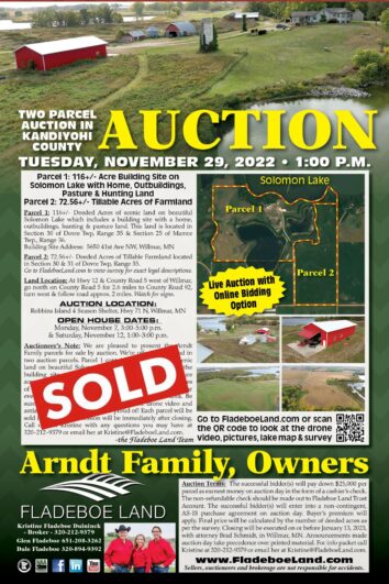 SOLD - 2 Parcel Auction in Kandiyohi Co - Parcel 1 - 116+/- Acre Bld Site W/ Home, Outbuildings, Pasture & Hunting Land - Parcel 2 - 72.56+/- Tillable Acres of Farmland - Tues., Nov 29th 2022, at 1 PM