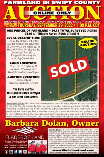 SOLD - Farmland Auction in Swift County - 34.13 Surveyed Acres - Online Only Auction - Bidding Opens Tues., September 20, 2022 at 9 AM
