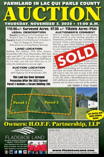 SOLD - Farmland Auction in Lac qui Parle County - 110.86+/- Surveyed Acres - 2 Parcel Auction on Thurs., November 3rd, 2022 at 11 AM