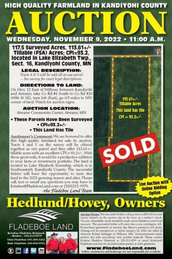 SOLD - Prime Farmland Auction in Kandiyohi County - 117.5 Surveyed Acres - Auction Wed., November 9th, 2022 at 11 AM