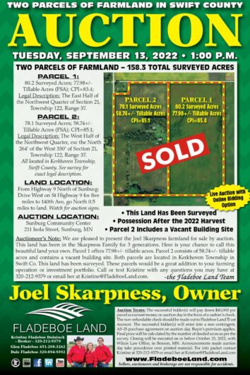 SOLD - Farmland Auction in Swift County - 158.3 Total Surveyed Acres - 2 Parcel Auction on Tues., September 13, 2022 at 1 PM