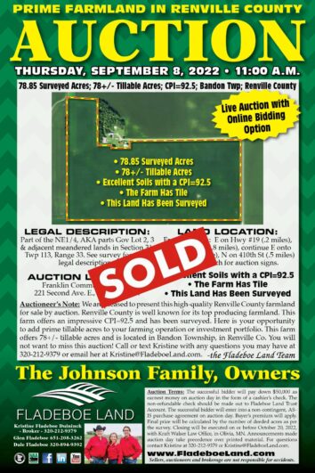  SOLD - Prime Farmland Auction in Renville County - 78.85 Surveyed Acres - Auction on Thurs., September 8th, 2022 at 11 AM