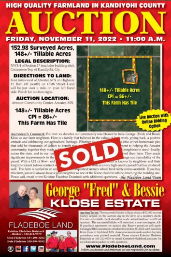 SOLD - Farmland Auction in Kandiyohi County - 152.98 Surveyed Acres - Auction Fri., November 11th, 2022 at 11 AM