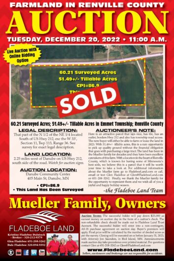 SOLD - Farmland Auction in Renville County - 53.84 Surveyed Acres - Tuesday, December 20th, 2022 at 11 AM