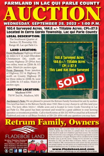 SOLD - Farmland Auction in Lac qui Parle Co - 160.4 Surveyed Acres - Auction Wed., September 28th, 2022 at 1 PM