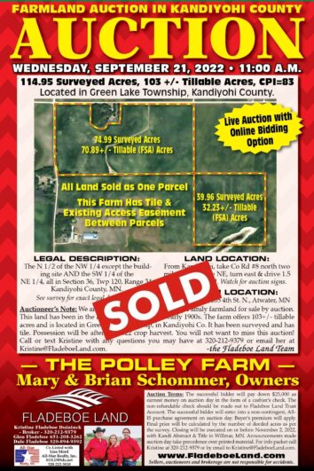 SOLD - Farmland Auction in Kandiyohi County - 114.95 Surveyed Acres - Auction Wednesday, September 21st, 2022 at 11 AM