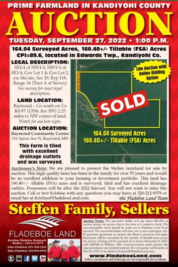SOLD - Prime Farmland Auction in Kandiyohi County - 164.04+/- Surveyed Acres - Auction on Tues., September  27th, 2022 at 1 PM