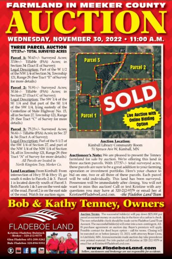 SOLD - Farmland Auction in Meeker County - 3 Parcel Auction - 177.57+/- Total Surveyed Acres - Wed., November 30th, 2022 at 11 AM