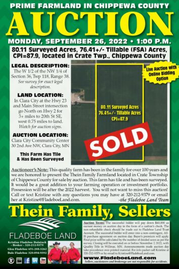 SOLD - Farmland Auction in Chippewa County - 80.11 Surveyed Acres - Auction Mon., September 26th, 2022 at 1 PM