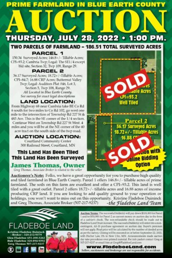 SOLD - Farmland Auction in Blue Earth County - 186.51 Total Surveyed Acres - 2 Parcel Auction on Thurs., July 28, 2022 at 1 PM