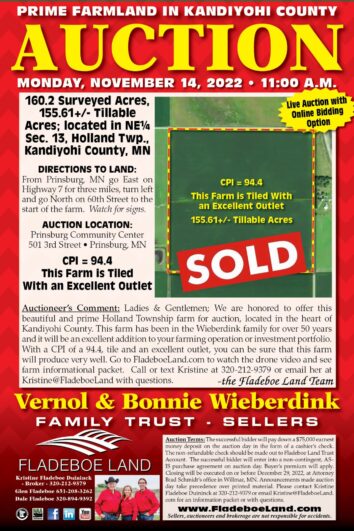 SOLD - Prime Farmland Auction in Kandiyohi Co. - 160.2 Surveyed Acres - Auction Mon., November 14th, 2022 at 11 AM