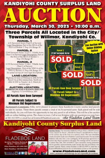 SOLD - Kandiyohi County Surplus Land Auction - 3 Auction Parcels Located in the City/Twp of Willmar  - Thursday, March 30th, 2023 at 10 AM