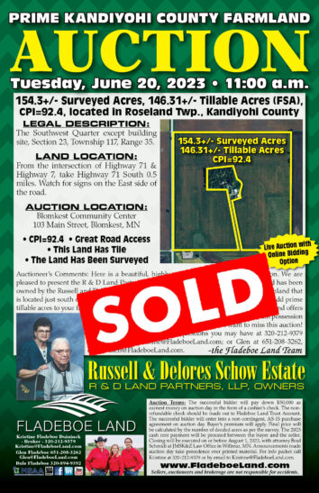 SOLD - Kandiyohi Co Prime Farmland Auction - Tues., June 20th, 2023 at 11 AM - 154.30 Surveyed Acres, 146.31+/- Tillable Acres Located in Roseland Twp, Kandiyohi Co