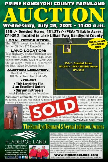 SOLD - Kandiyohi Co Farmland Auction - Wed., July 26th, 2023 at 11 AM - 157.81 Surveyed Acres of Prime Farmland Located in Lake Lillian Twp, Kandiyohi Co