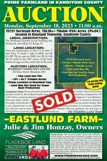 SOLD - Kandiyohi County Farmland Auction - Monday, September 18th, 2023 at 11 AM - 157.01 Surveyed Acres of Prime Farmland Located in Roseland Twp, Kandiyohi Co.