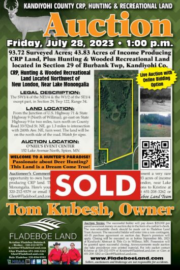 SOLD - Kandiyohi Co CRP, Hunting & Wooded Recreational Land NW of New London, Near Lake Monongalia - List Price $317,700
