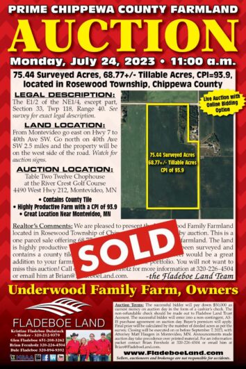 SOLD - Chippewa Co Farmland Auction - Monday, July 24th, 2023 at 11 AM - 75.44 Surveyed Acres of Farmland Located in Rosewood Twp, Chippewa Co