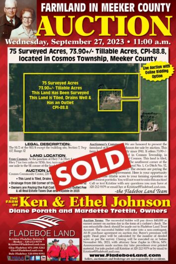 SOLD - Meeker County Farmland Auction - Wednesday, September 27th, 2023 at 11 AM - 75 Surveyed Acres of Farmland located in Cosmos Twp, Meeker Co.