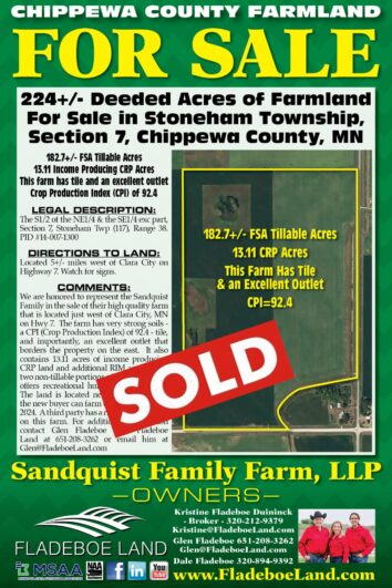 SOLD - Chippewa Co Farmland For Sale - 224+/- Deeded Acres in Section 7 of Stoneham Twp