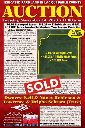 SOLD - Lac qui Parle Co Farmland Auction - Tues., November 14th, 2023 at 11 AM - 154.34 Surveyed Acres of Irrigated Farmland Located in Manfred Twp