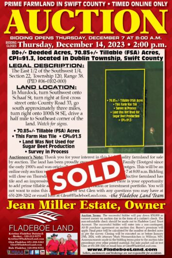SOLD - Swift Co. Online Only Timed Farmland Auction - 80.93 Surveyed Acres of Farmland Located in Dublin Twp, Swift Co. - Bidding Closes Thurs, Dec 14th, 2023 at 2 PM
