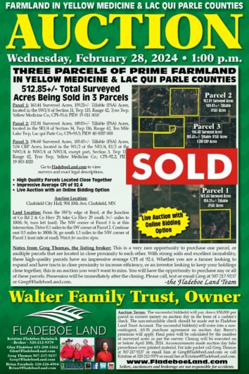 SOLD - Yellow Medicine & Lac qui Parle Co Farmland Auction - 512.85 Total Surveyed Acres of Prime Farmland - 3 Parcel Auction on Wednesday, February 28th, 2024 at 1 PM