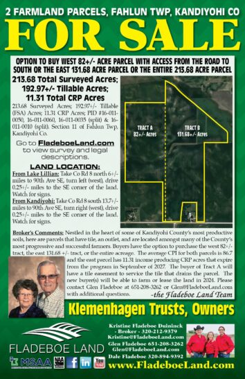 Kandiyohi Co. Farmland For Sale -  Option to Buy 82+/- Acre Parcel, 131.68+/- Acre Parcel, or All 213.68 Surveyed Acres; Farmland Located in Fahlun Twp, Kandiyohi Co