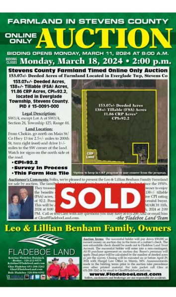 SOLD - Stevens Co Farmland Auction - 153.76 Surveyed Acres of Farmland Located in Everglade Twp, Stevens Co - Bidding Opens March 11th, 2024 at 8 AM
