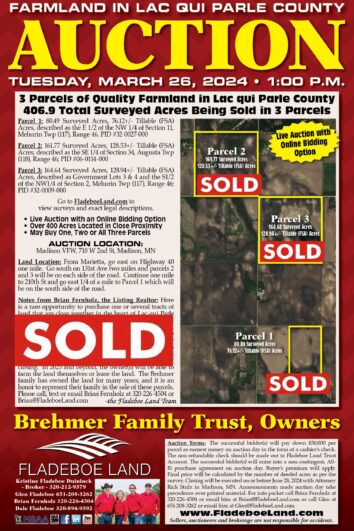 SOLD - Rescheduled Wed, March 27th at 1:00 PM - Lac qui Parle Co Farmland Auction - 406.9 Surveyed Acres in Augusta & Mehurin Twps