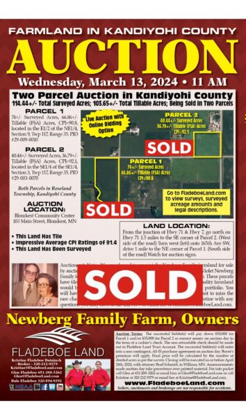 SOLD- Kandiyohi Co Farmland Auction - 114.61 Total Surveyed Acres of Farmland in Roseland Twp - 2 Parcel Auction on Wed., March 13th, 2024 at 11 AM
