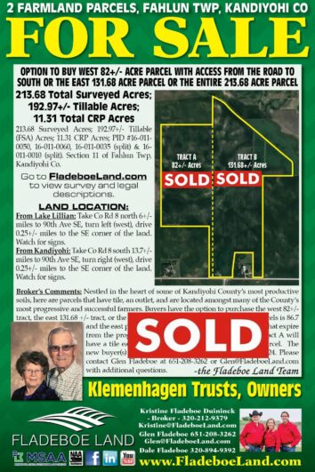 SOLD - Kandiyohi Co. Farmland For Sale -  Option to Buy 82+/- Acre Parcel, 131.68+/- Acre Parcel, or All 213.68 Surveyed Acres; Farmland Located in Fahlun Twp, Kandiyohi Co