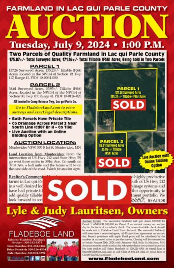 SOLD - Lac qui Parle Co Farmland Auction - 175.87+/- Total Surveyed Acres of Farmland in Camp Release Twp - 2 Parcel Auction on Tues, July 9th, 2024 at 1 PM